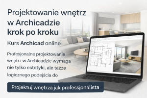 Kurs Archicad online – projektowanie wnętrz w Archicadzie, wizualizacja 3D wnętrza i model projektu na laptopie