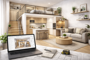 Projekt kawalerki wykonany w Archicadzie – model 3D małego mieszkania w środowisku BIM