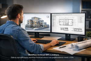 "modern architect working on dual monitor setup with BIM building model in 3D and architectural drawings on second screen, realistic office lighting, minimalist desk, professional atmosphere"