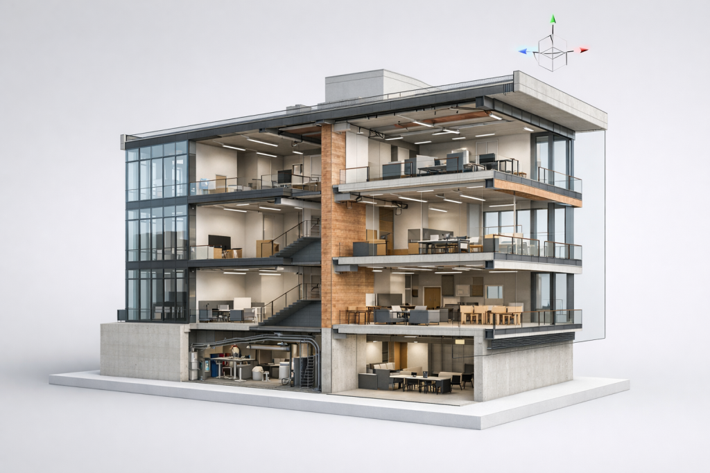 przekrój 3D w Archicad pokazujący wnętrze modelu BIM